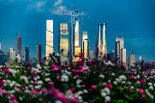 Wonderful Viewpoint With Flowers To Enjoy The Wonderful Skyline In The Background With The Skyscrapers Of Manhattan, New York City (USA).