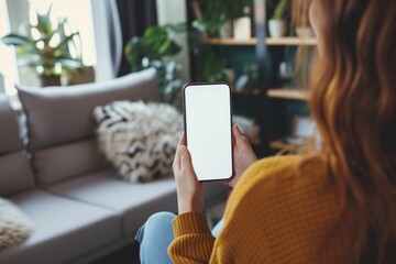 Woman At Home With White Blank Screen On Phone, Texting Indoors