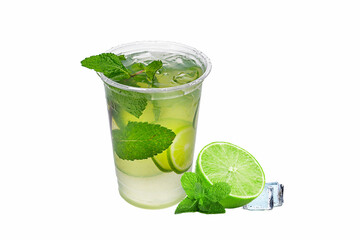 Mojito cocktail with lime, mint and ice isolated on white background