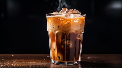 Condensation forming on a glass of iced coffee, bright background, emphasizing its refreshing quality