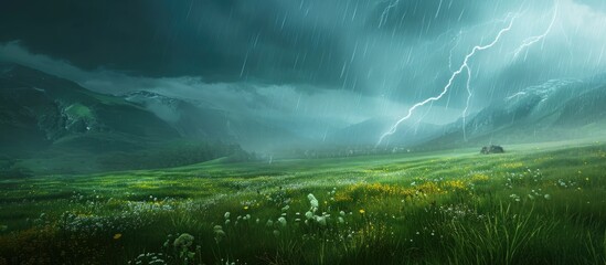 Poster - Green meadow with thunderstorm featuring lightning.