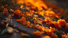  A Bunch Of Flowers That Are Laying On The Ground In Front Of A Fire Hydrant With Orange Flowers On The Ground In Front Of The Fire Hydrant And On The Ground.