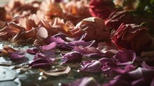  A Close Up Of A Bunch Of Flowers On The Ground With Water On The Ground And Petals On The Ground And Petals On The Ground And Petals On The Ground.