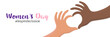 Inspireinclusion. A horizontal banner. Female hands with dark and light skin in the shape of a heart. With an inscription on a white background. 2024 International Women's Day. Vector illustration