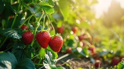 fresh organic Ripe strawberries growing on branches with green leaves in garden