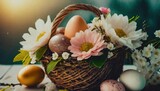 Fototapeta Na ścianę - Easter basket nest with Easter eggs