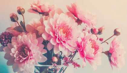  Spring floral composition made of fresh pink flowers on light pastel background