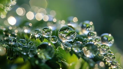 Wall Mural - a bunch of water droplets sitting on top of a green leaf covered in drops of dew on a sunny day with