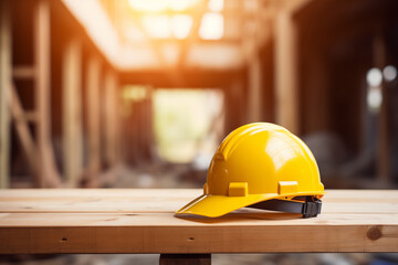 Yellow safety construction helmet on a wooden table against the backdrop of a house being built. Generative AI.