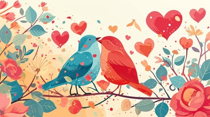 Poster -  a couple of birds sitting on top of a tree next to a bunch of heart shaped flowers on a branch with leaves and hearts in the sky in the background.