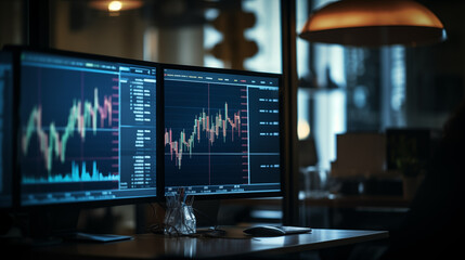 view of a stock market chart, displayed on a blue monitor. The candlestick, a series of green and red bars