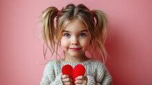 Little Beautiful Girl Holding A Heart Shaped Paper, Valentines Day Child Theme