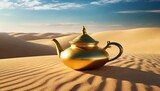 Fototapeta  - oriental gold teapot lying on the sand in the desert dunes