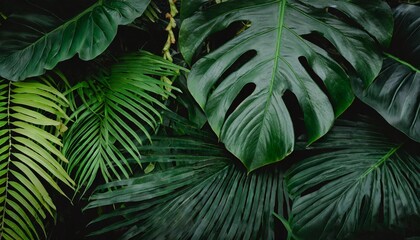 Wall Mural - closeup nature view of palms and monstera and fern leaf background flat lay dark nature concept tropical leaf