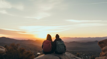 Couple are sitting on the edge of a cliff at sunset and looking at the view