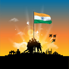 Wall Mural - Indian army holding tricolor flag and indian monuments skyline background. Freedom patriotic and parade concept. happy Republic day india.