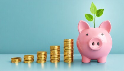Wall Mural - smiling pink pig piggy bank a stack of gold coins and a green plant growing isolated on blue background investment success savings concept generative ai