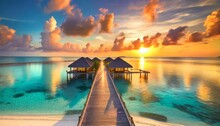 Amazing Aerial Beach Landscape Beautiful Maldives Sunset Seascape View Horizon Colorful Sea Sky Clouds Over Water Villa Pier Pathway Tranquil Drone View Island Lagoon Tourism Travel Exotic Vacation