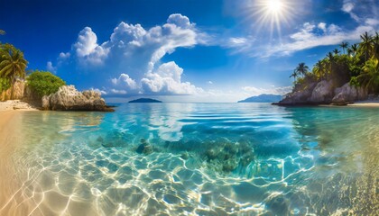 Poster - crystal clear sea water bay pristine ocean lagoon sunny cloudy sky idyllic relaxing seascape surface exotic travel tropics mediterranean nature panorama summer background beach view