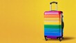 suitcase lgbtq community flag colors rainbow baggage colorful luggage trolley bag yellow background lgbt pride people travel banner gay lesbian etc summer holidays vacation tourism copy space