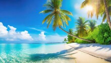 Fantastic Sunny Panorama At Maldives Luxury Resort Seascape Majestic Sea Waves Coconut Palm Trees Sand Sunshine Sky Beauty Paradise Beach Popular Destination Best Summer Vacation Travel Background