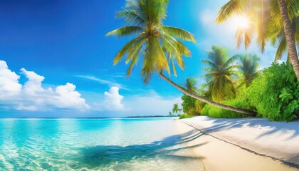 Poster - fantastic sunny panorama at maldives luxury resort seascape majestic sea waves coconut palm trees sand sunshine sky beauty paradise beach popular destination best summer vacation travel background