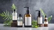 natural cosmetic product presentation on grey background face and body care products in glass bottles mockup for eco cosmetics