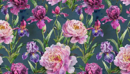 Wall Mural - lovely seamless pattern with beautiful peonies and irises floral wallpaper watercolor background with beautiful flowers hand drawn 3d illustration luxurious fabric wallpaper clothing design