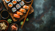 top view of arranged sushi set on wooden plate and chopsticks on dark surface, generative ai