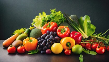  colorful assortment of fresh fruits and vegetables on dark background