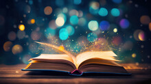 Open Book On A Dark Background With Sparkling Bokeh Lights, Creating An Atmosphere Of Magic And Mystery.