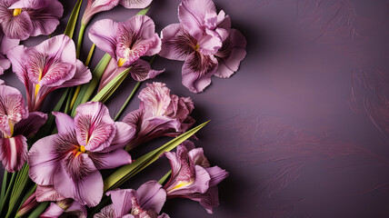 Wall Mural - template for text purple light iris flowers on a dark background isolated with copy space.