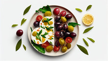 A Top Perspective Sliced Olives, Red Wine, And Greek Salad Isolated On A White Background