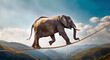 The elephant walking on the rope above the mountains in the blue sky. Visual with the theme of perseverance against the impossible.