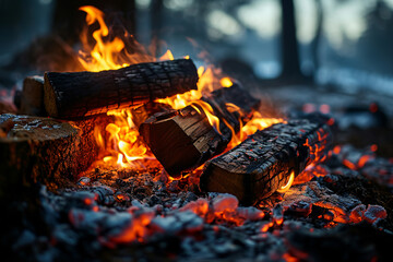 close up of burned woods with blurred forest background