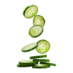 slices of falling cucumbers on transparent background