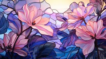 Stained Glass Window Background With Colorful Flower And Leaf Abstract