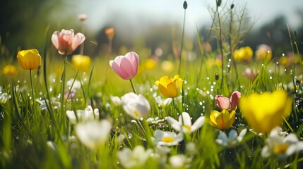 Canvas Print - Spring flowers in the field. Natural flowers blooming.