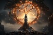 girl standing under a majestic tree with glowing branches forming a circle around the sun against a dark sunset sky. Concept: fantasy tree of life, esoteric, game character
