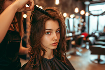 Wall Mural - Young woman getting hair cut or coloring by hairdresser at beauty salon