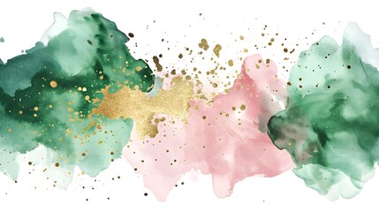 Wall Mural - ink watercolor green, pink and sparkling gold splash, clip art, white background