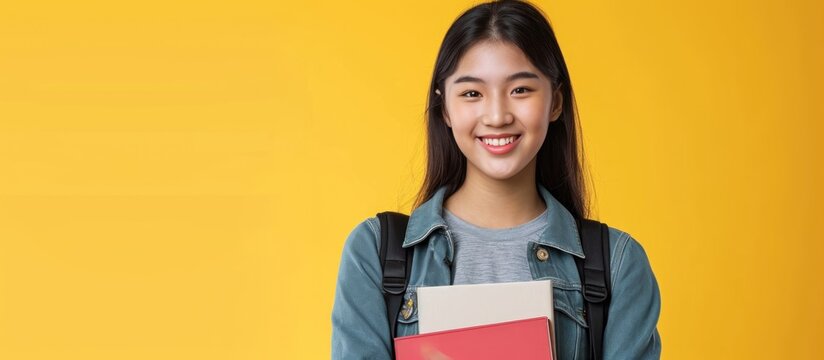 Asian college student posing against yellow studio backdrop with books and backpack, conveying education theme.
