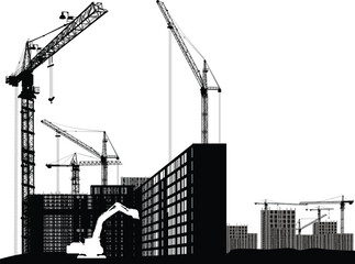 Sticker - group black large cranes build house