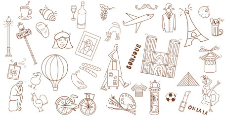 paris ink sketch vector set famous symbols, tour, notre dame de paris, art, tourism , metropolitan, 