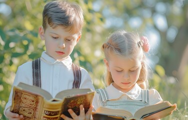 Wall Mural - Caucasian little boy and girl reading holy bible book in garden