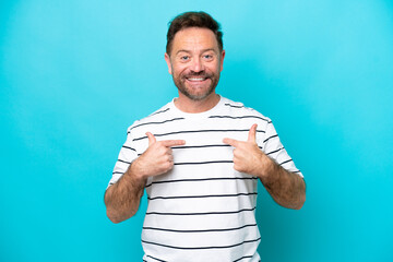 Wall Mural - Middle age caucasian man isolated on blue background with surprise facial expression