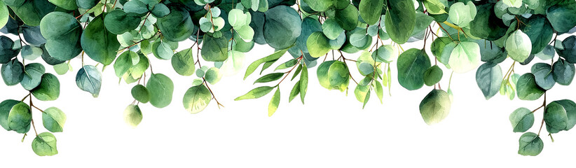 Wall Mural - Watercolor illustration of green eucalyptus leaves forming a delicate, airy border, isolated on transparent or white background