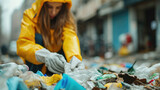 Fototapeta Uliczki - Close-up of a young volunteer, emphasizing global pollution concerns while cleaning up trash.Pollution Concept