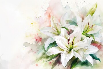 A blooming branch of  white lily flower background, watercolor, copy space.
