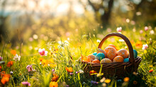 Easter Eggs In A Basket. Selective Focus.